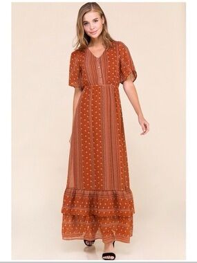 Anthropologie Polagram Boho Maxi Dress with Flutter Sleeves